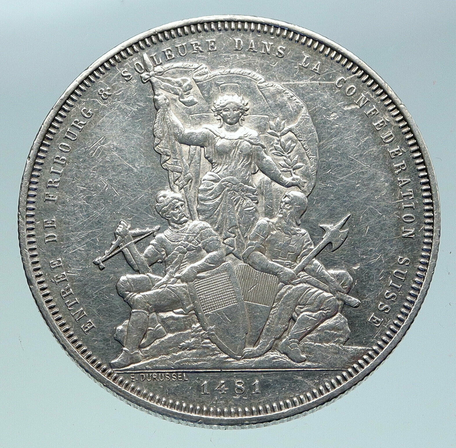 1881 SWITZERLAND Swiss SHOOTING FESTIVAL Fribourg ANTIQUE Silver 5 F Coin i86410