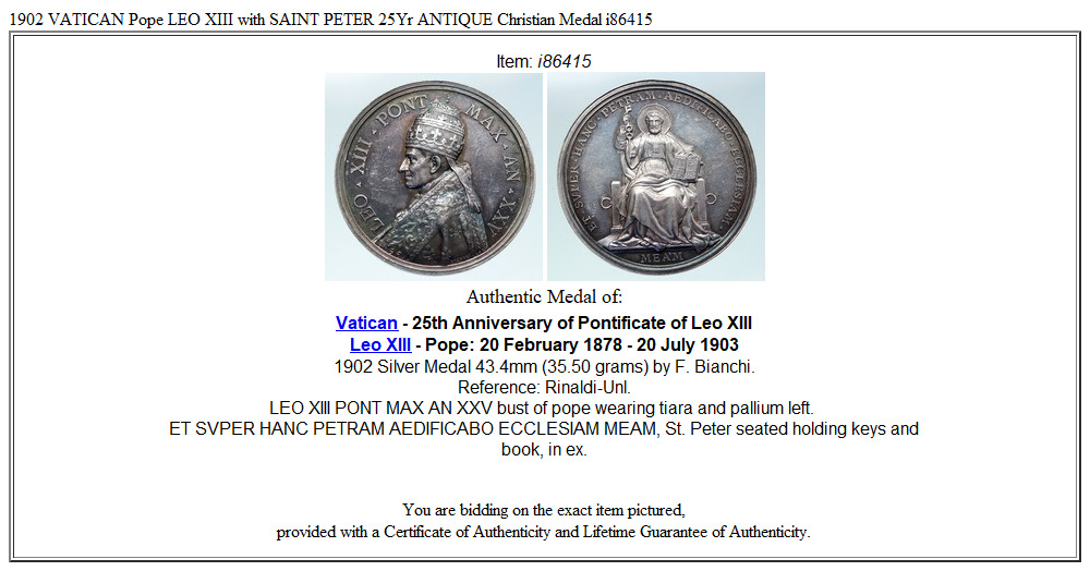 1902 VATICAN Pope LEO XIII with SAINT PETER 25Yr ANTIQUE Christian Medal i86415