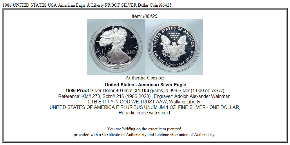 1986 UNITED STATES USA American Eagle & Liberty PROOF SILVER Dollar Coin i86425