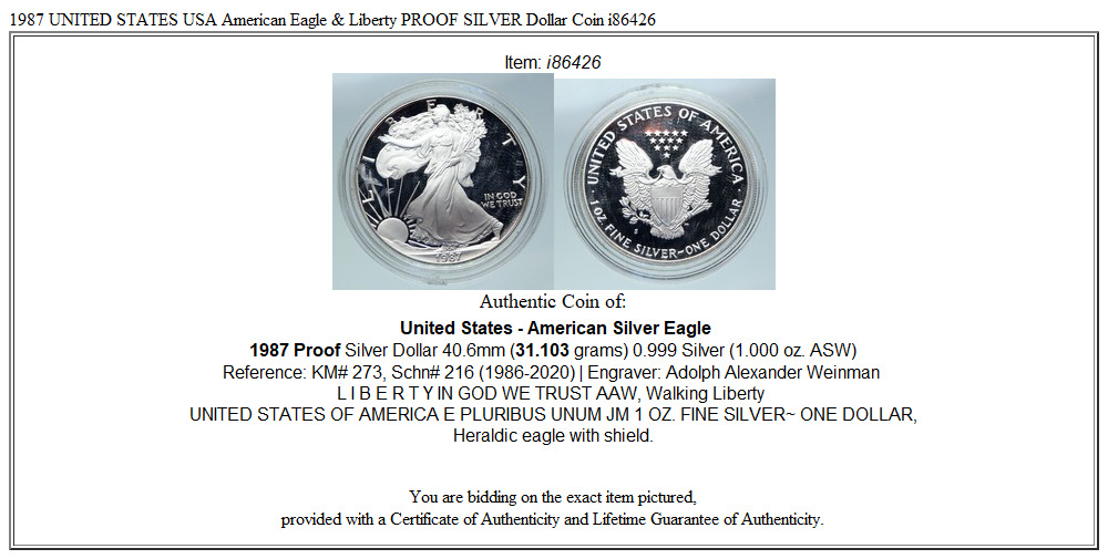 1987 UNITED STATES USA American Eagle & Liberty PROOF SILVER Dollar Coin i86426