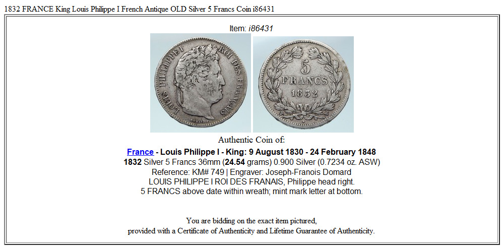 1832 FRANCE King Louis Philippe I French Antique OLD Silver 5 Francs Coin i86431