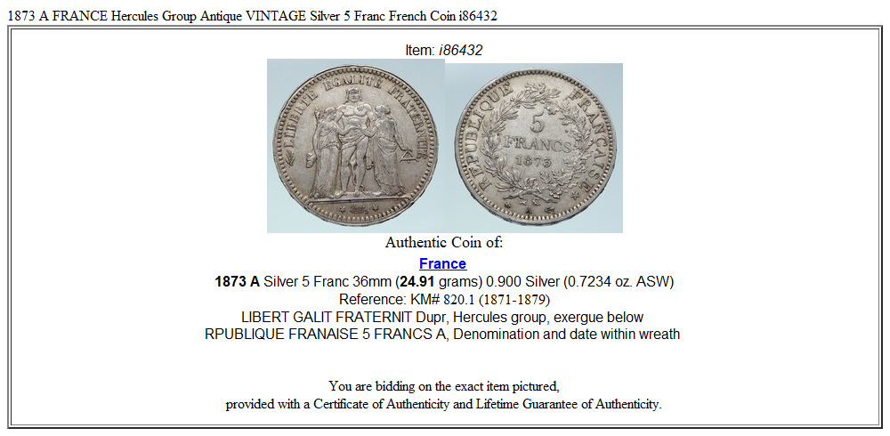 1873 A FRANCE Hercules Group Antique VINTAGE Silver 5 Franc French Coin i86432