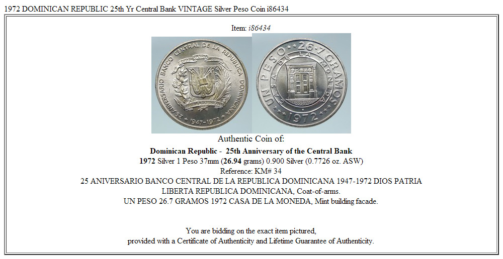 1972 DOMINICAN REPUBLIC 25th Yr Central Bank VINTAGE Silver Peso Coin i86434