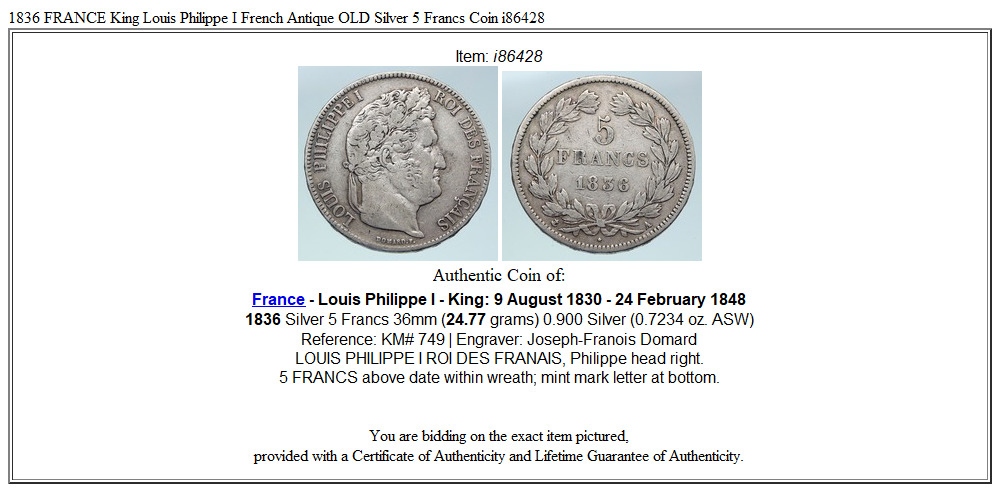 1836 FRANCE King Louis Philippe I French Antique OLD Silver 5 Francs Coin i86428