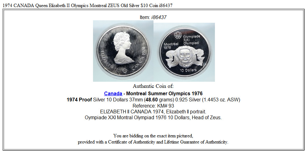 1974 CANADA Queen Elizabeth II Olympics Montreal ZEUS Old Silver $10 Coin i86437