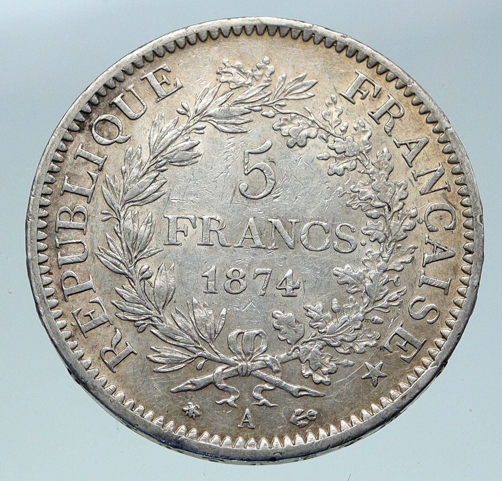 1874 A FRANCE Hercules Group Antique VINTAGE Silver 5 Franc French Coin i86433