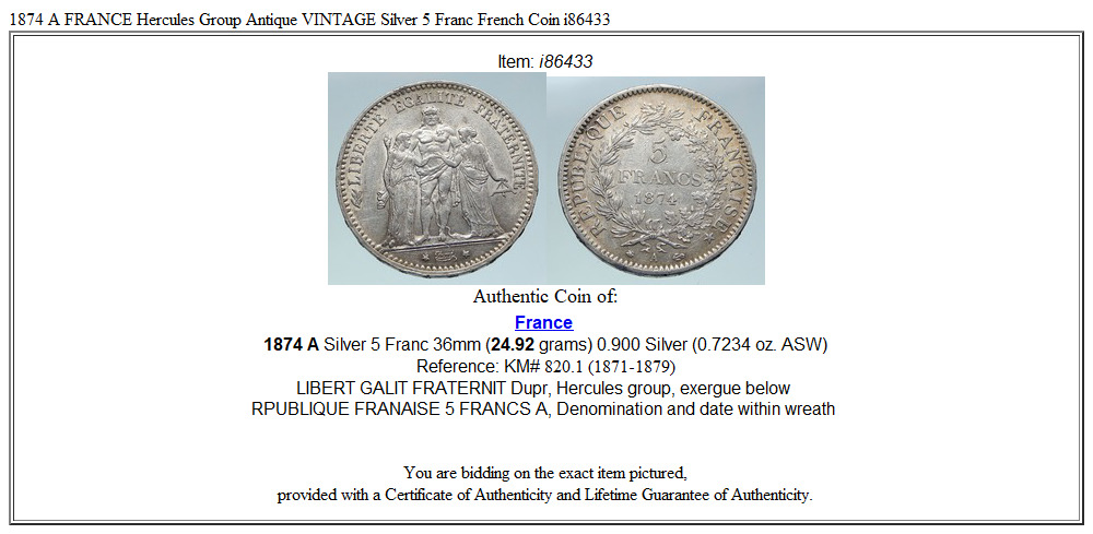 1874 A FRANCE Hercules Group Antique VINTAGE Silver 5 Franc French Coin i86433