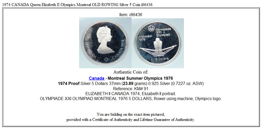 1974 CANADA Queen Elizabeth II Olympics Montreal OLD ROWING Silver 5 Coin i86436