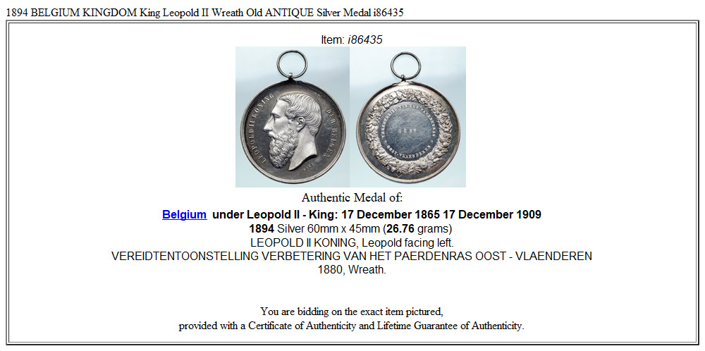 1894 BELGIUM KINGDOM King Leopold II Wreath Old ANTIQUE Silver Medal i86435