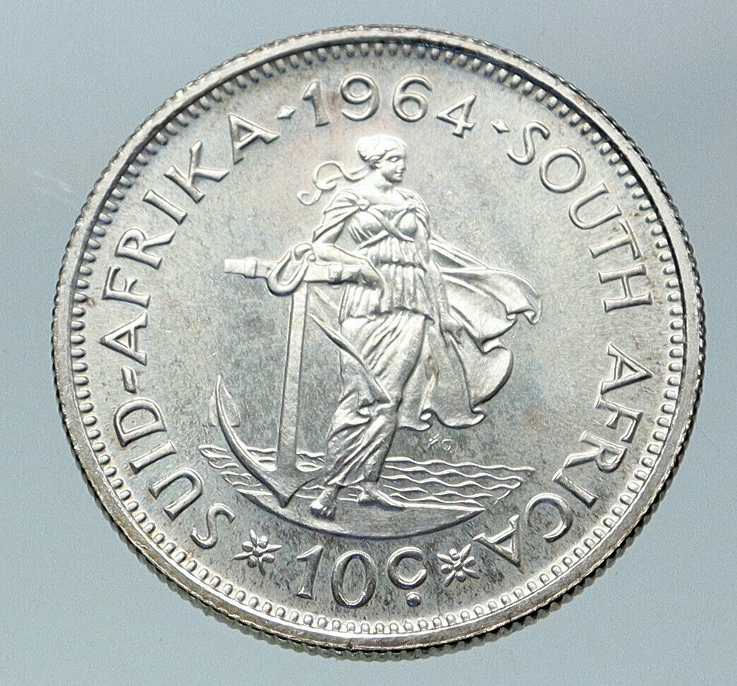 1964 SOUTH AFRICA Jan van Riebeeck Woman Anchor OLD Silver 10 Cents Coin i85924