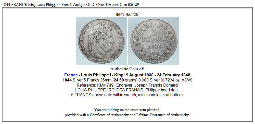 1844 FRANCE King Louis Philippe I French Antique OLD Silver 5 Francs Coin i86429