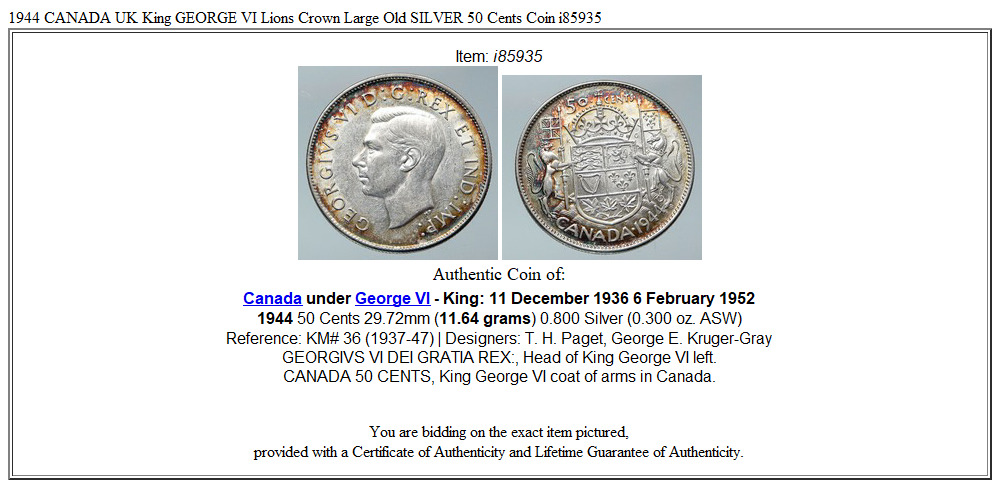 1944 CANADA UK King GEORGE VI Lions Crown Large Old SILVER 50 Cents Coin i85935