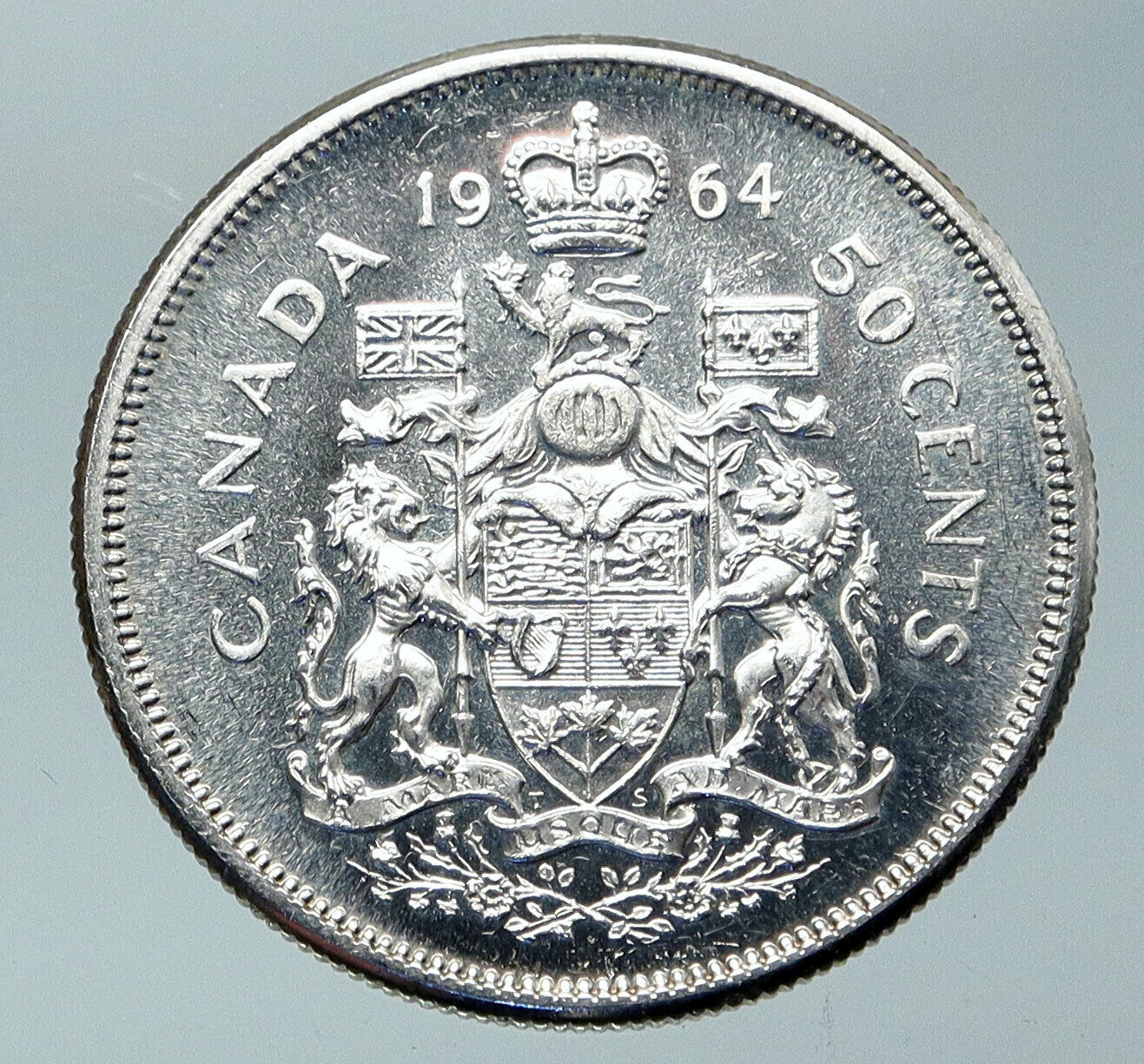 1964 CANADA Queen Elizabeth II Arms Crown VINTAGE SILVER 50 Cents Coin i85932