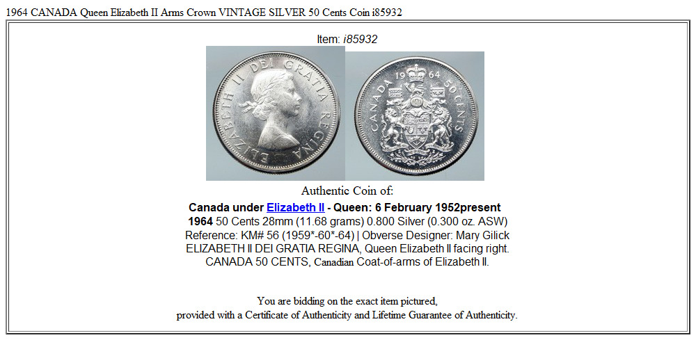 1964 CANADA Queen Elizabeth II Arms Crown VINTAGE SILVER 50 Cents Coin i85932