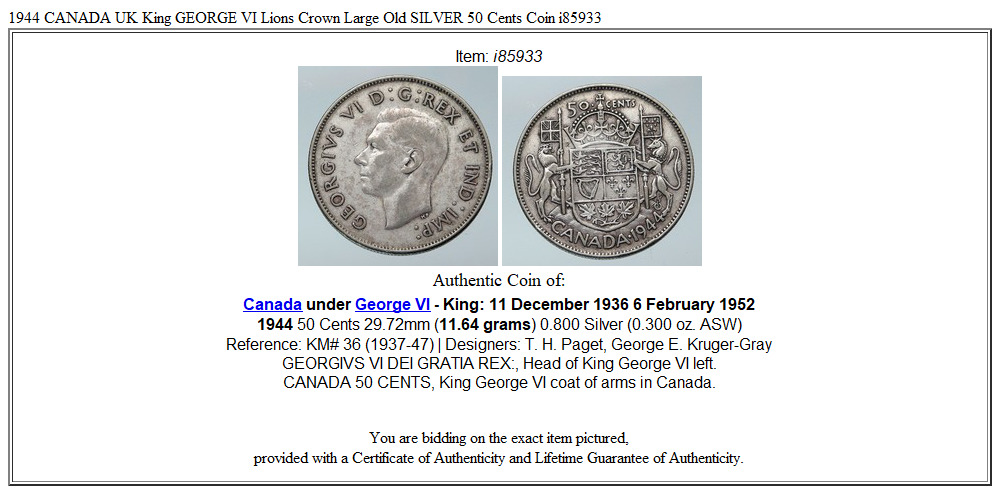 1944 CANADA UK King GEORGE VI Lions Crown Large Old SILVER 50 Cents Coin i85933