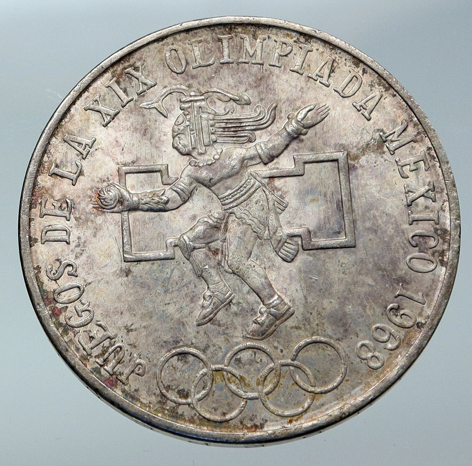 1968 Mexico XIX Olympic Games Aztec Ball Player BIG 25 Pesos Silver Coin i85930