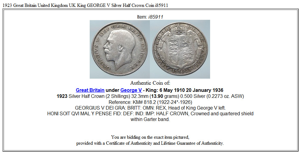 1923 Great Britain United Kingdom UK King GEORGE V Silver Half Crown Coin i85911