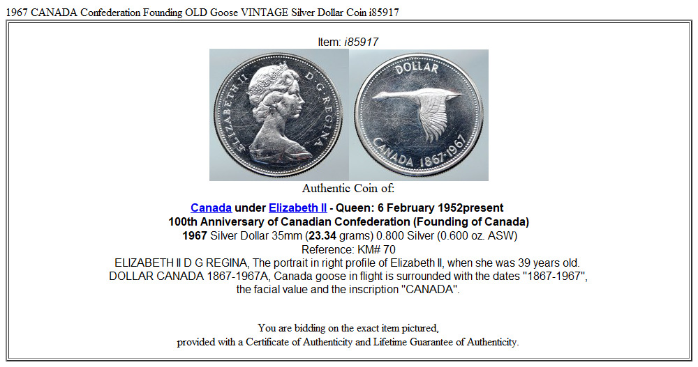 1967 CANADA Confederation Founding OLD Goose VINTAGE Silver Dollar Coin i85917