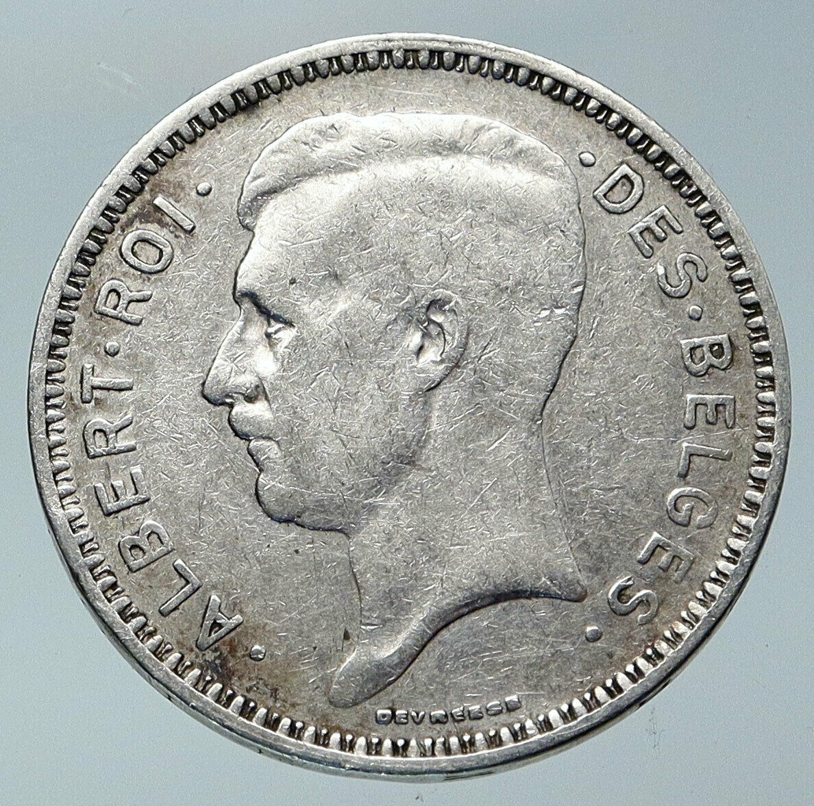 1934 BELGIUM King Albert I Crown Antique Old Genuine Silver 20 Franc Coin i85918