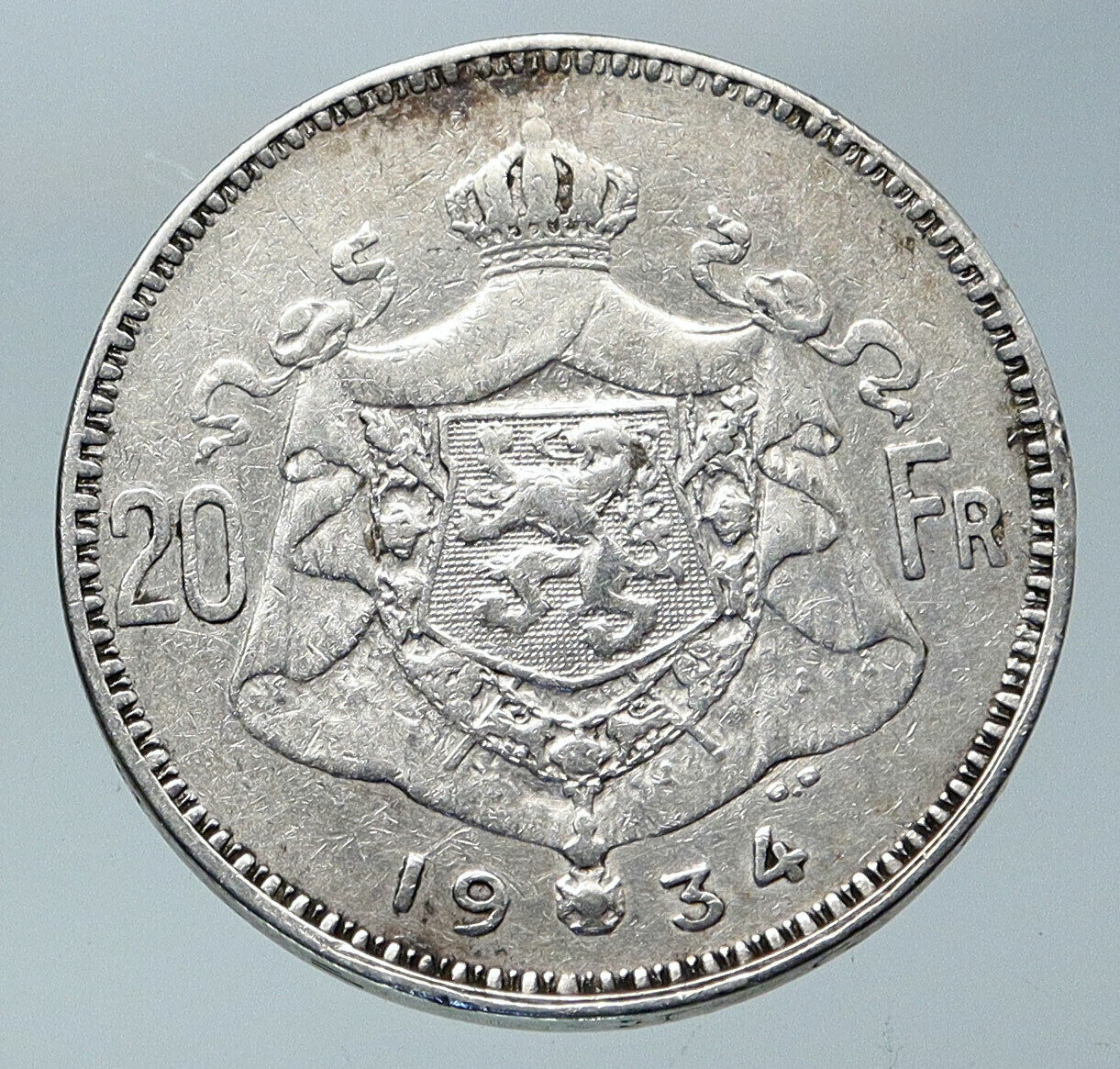 1934 BELGIUM King Albert I Crown Antique Old Genuine Silver 20 Franc Coin i85918