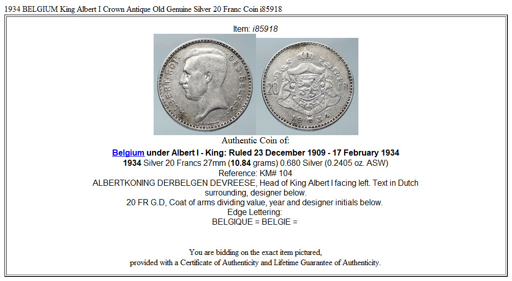 1934 BELGIUM King Albert I Crown Antique Old Genuine Silver 20 Franc Coin i85918