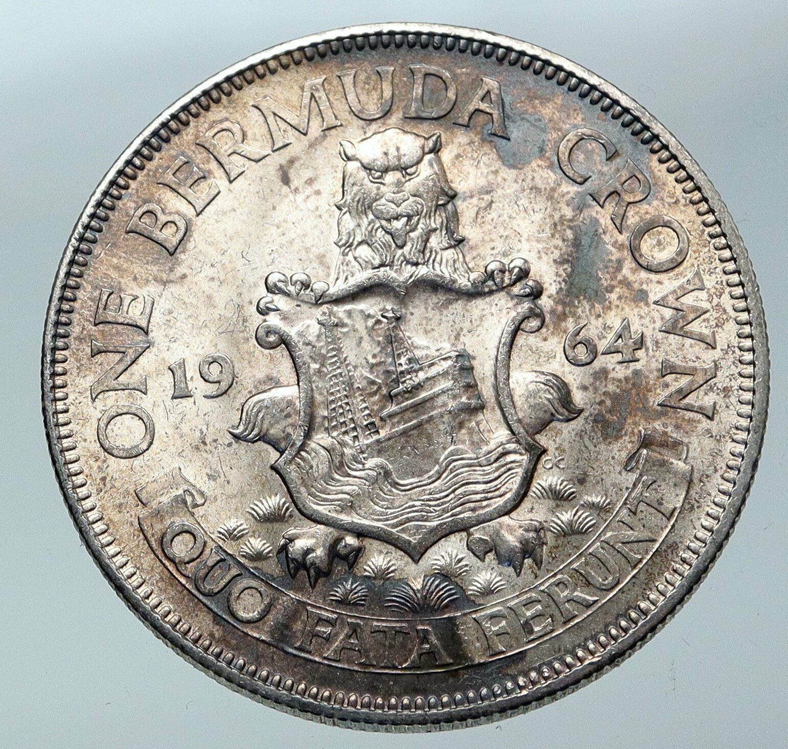1964 BERMUDA British Colony LARGE Elizabeth II VINTAGE Silver Crown Coin i85915