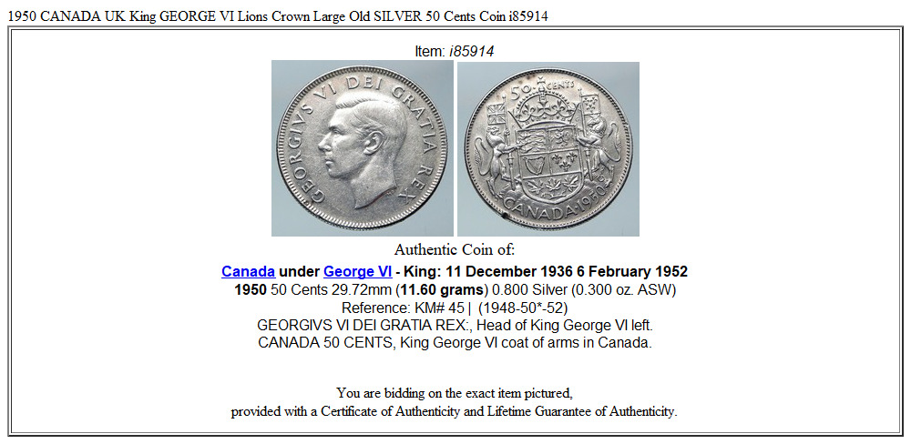 1950 CANADA UK King GEORGE VI Lions Crown Large Old SILVER 50 Cents Coin i85914