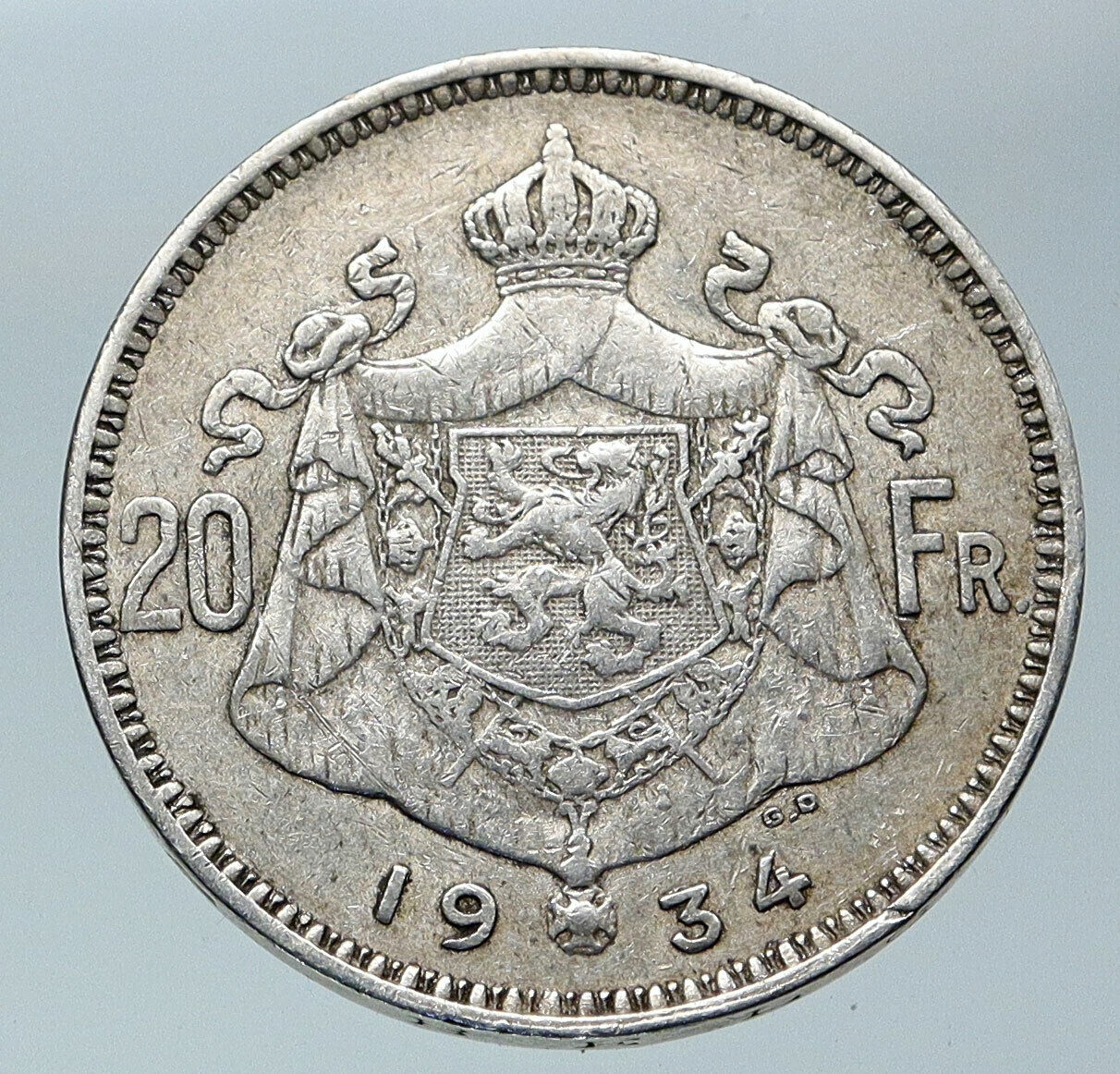 1934 BELGIUM King Albert I Crown Antique Old Genuine Silver 20 Franc Coin i85919