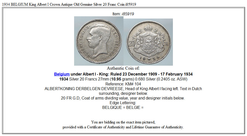 1934 BELGIUM King Albert I Crown Antique Old Genuine Silver 20 Franc Coin i85919