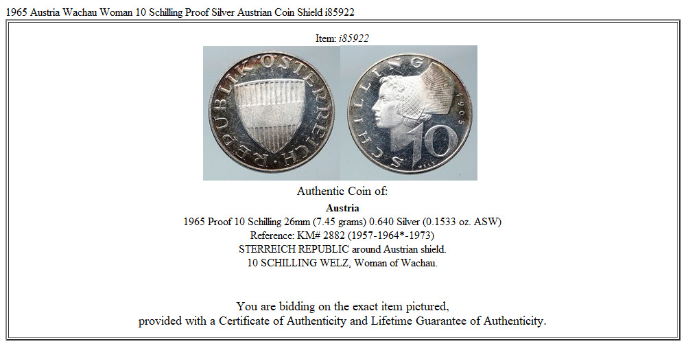 1965 Austria Wachau Woman 10 Schilling Proof Silver Austrian Coin Shield i85922