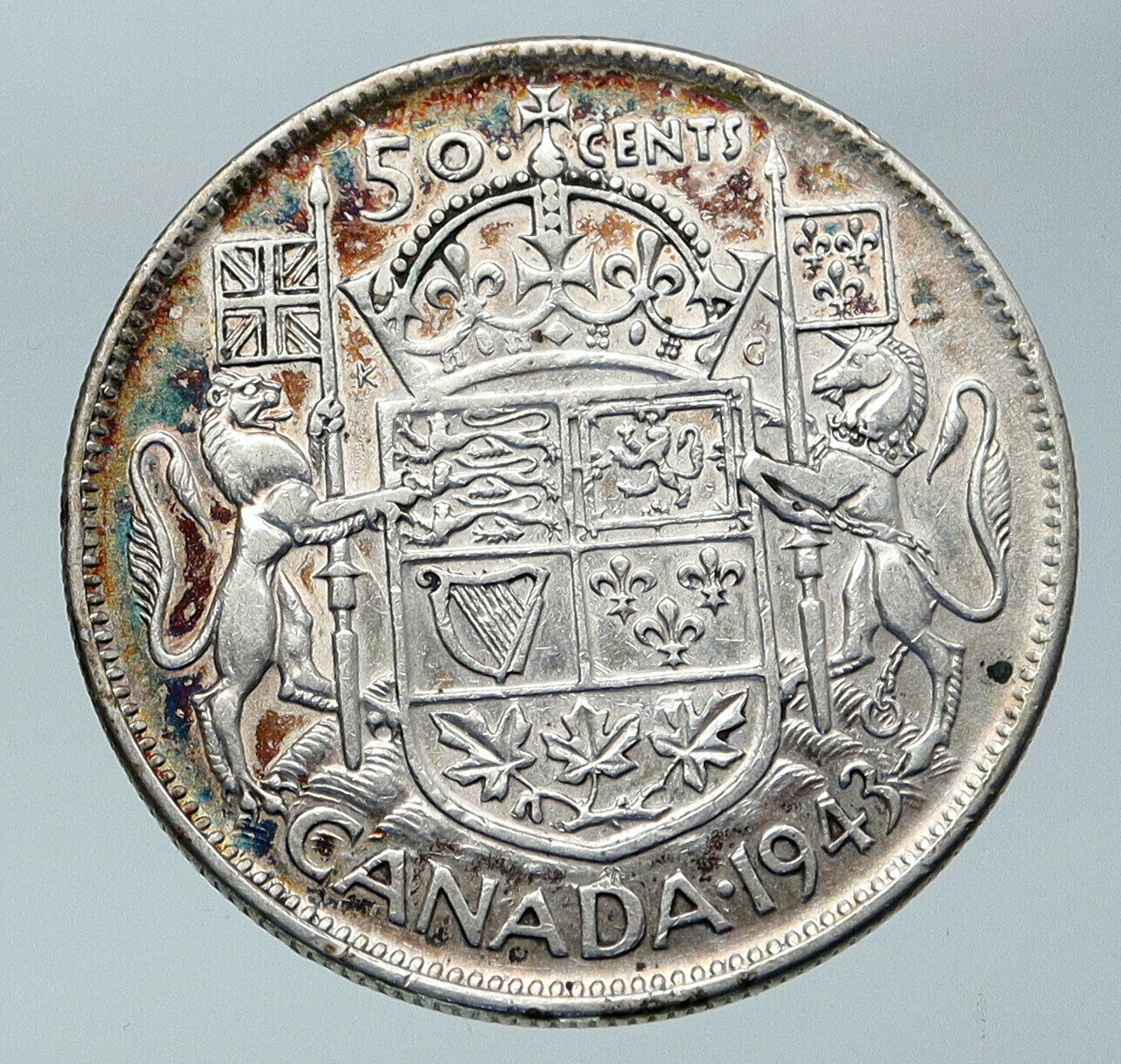 1943 CANADA UK King GEORGE VI Lions Crown Large Old SILVER 50 Cents Coin i85923