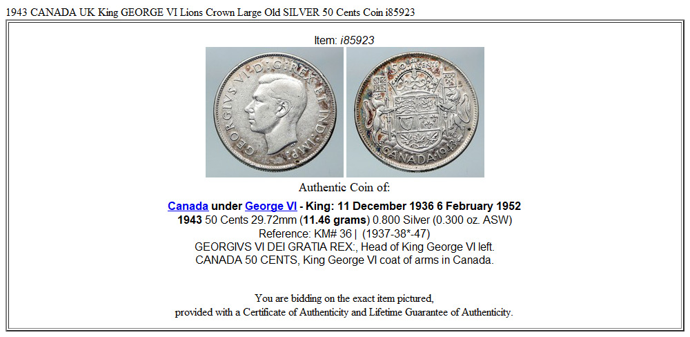 1943 CANADA UK King GEORGE VI Lions Crown Large Old SILVER 50 Cents Coin i85923