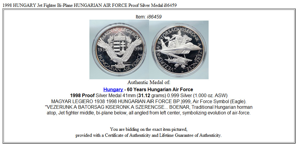 1998 HUNGARY Jet Fighter Bi-Plane HUNGARIAN AIR FORCE Proof Silver Medal i86459