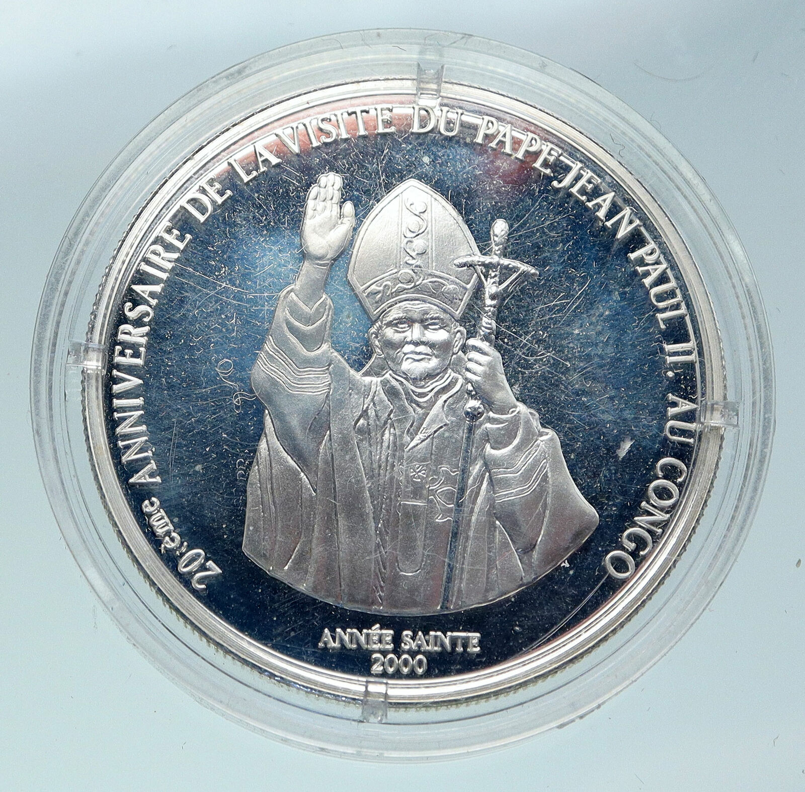 2000 CONGO Lion & POPE JOHN PAUL II Vintage OLD Silver 10 Francs Coin i86460