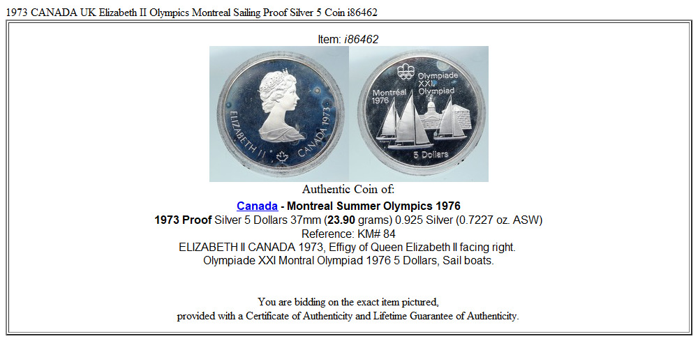 1973 CANADA UK Elizabeth II Olympics Montreal Sailing Proof Silver 5 Coin i86462