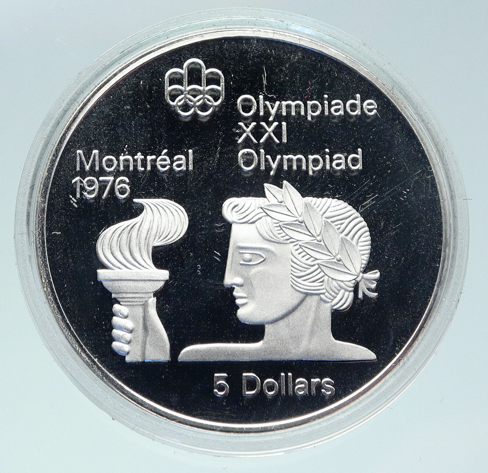 1974 CANADA UK Elizabeth II Olympics Montreal TORCH Proof Silver $5 Coin i86474