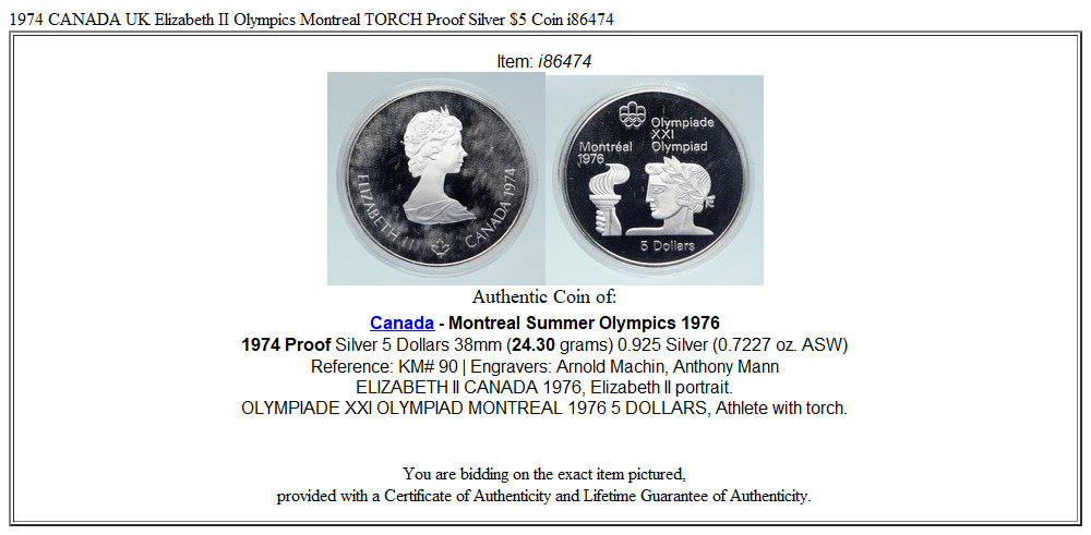 1974 CANADA UK Elizabeth II Olympics Montreal TORCH Proof Silver $5 Coin i86474