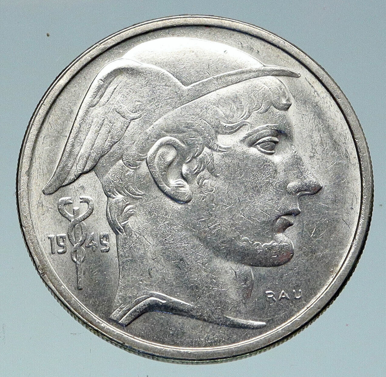 1949 BELGIUM with MERCURY Hermes VINTAGE Silver 50 Francs Belgian Coin i86497