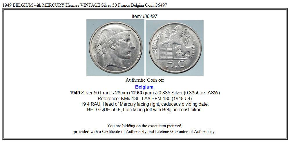 1949 BELGIUM with MERCURY Hermes VINTAGE Silver 50 Francs Belgian Coin i86497