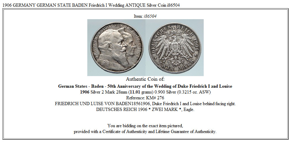 1906 GERMANY GERMAN STATE BADEN Friedrich I Wedding ANTIQUE Silver Coin i86504