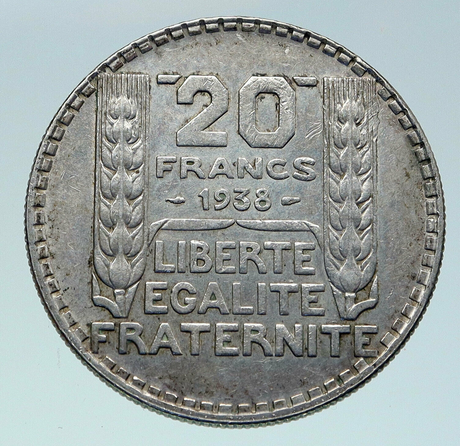 1938 FRANCE Vintage French LIBERTY MOTTO Old Large Silver 20 Francs Coin i86499