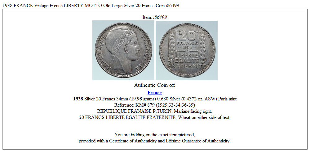 1938 FRANCE Vintage French LIBERTY MOTTO Old Large Silver 20 Francs Coin i86499