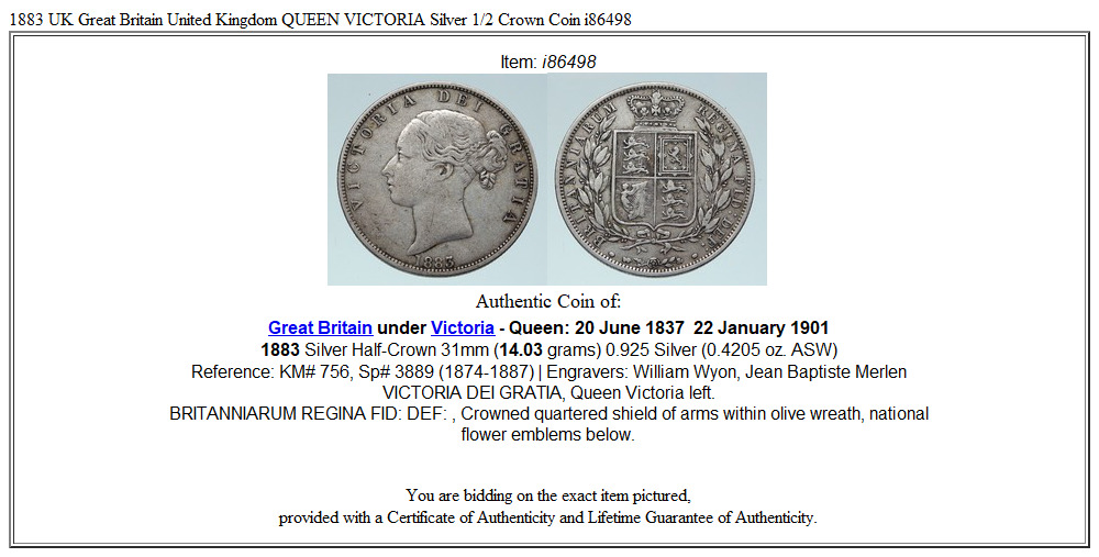 1883 UK Great Britain United Kingdom QUEEN VICTORIA Silver 1/2 Crown Coin i86498