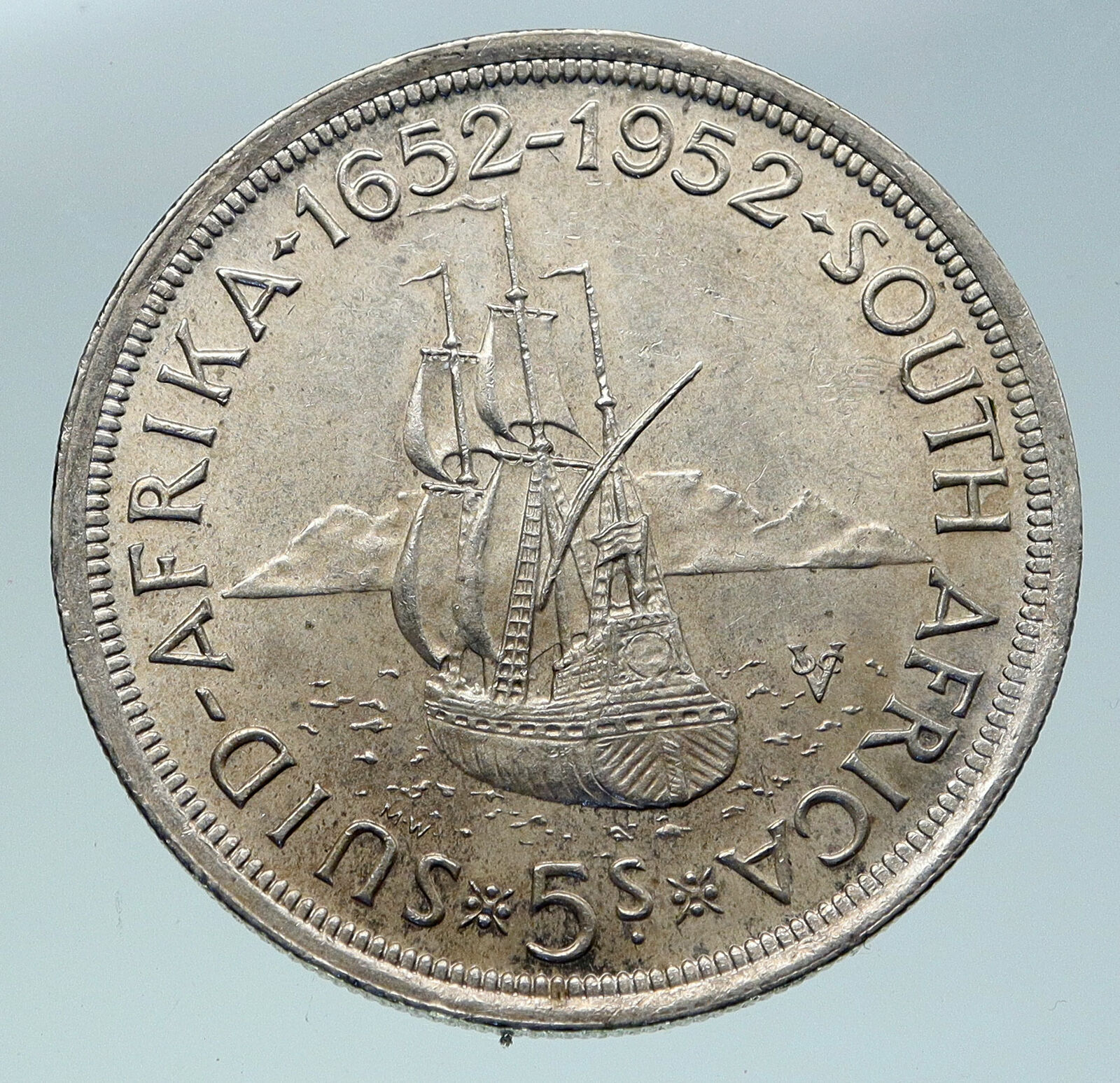 1952 SOUTH AFRICA 300th Cape Town Riebeeck w SHIP Silver 5 Shillings Coin i86484