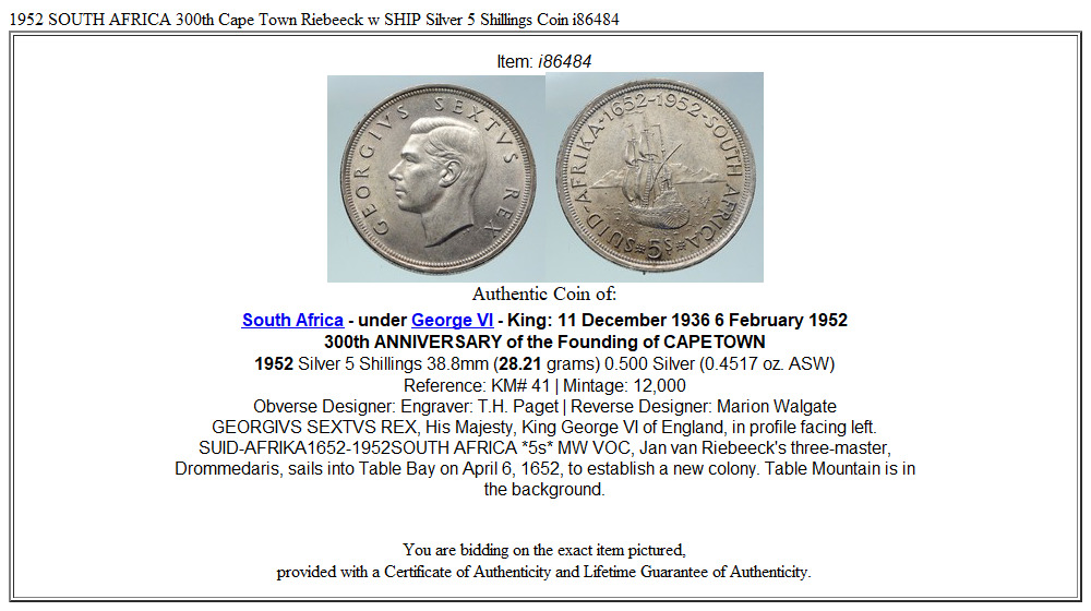 1952 SOUTH AFRICA 300th Cape Town Riebeeck w SHIP Silver 5 Shillings Coin i86484