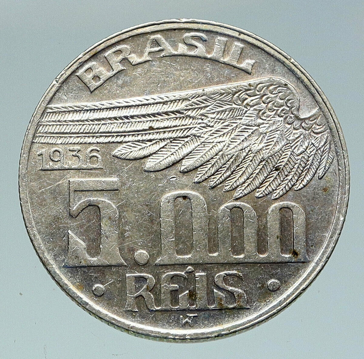 1938 BRAZIL Alberto Santos Dumont AVIATION Antique Silver 5000 Reis Coin i86505