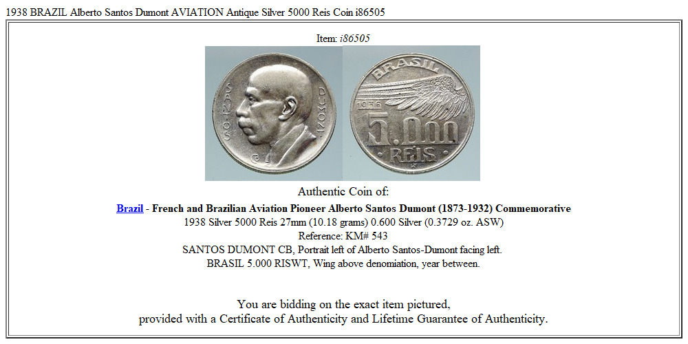 1938 BRAZIL Alberto Santos Dumont AVIATION Antique Silver 5000 Reis Coin i86505