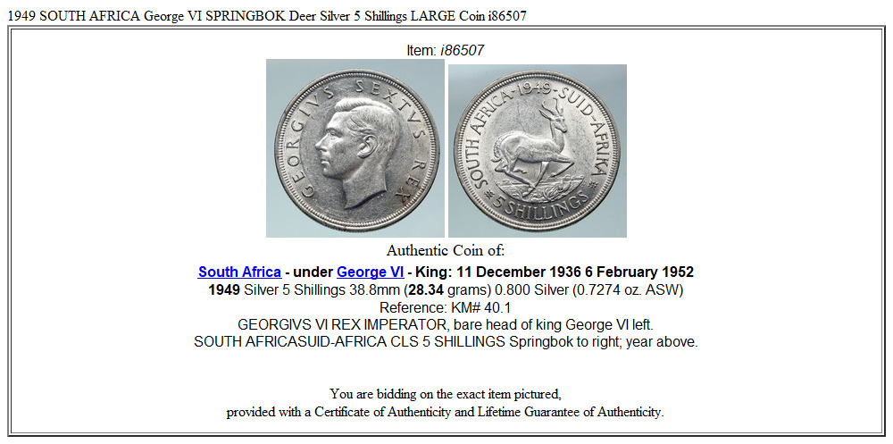 1949 SOUTH AFRICA George VI SPRINGBOK Deer Silver 5 Shillings LARGE Coin i86507