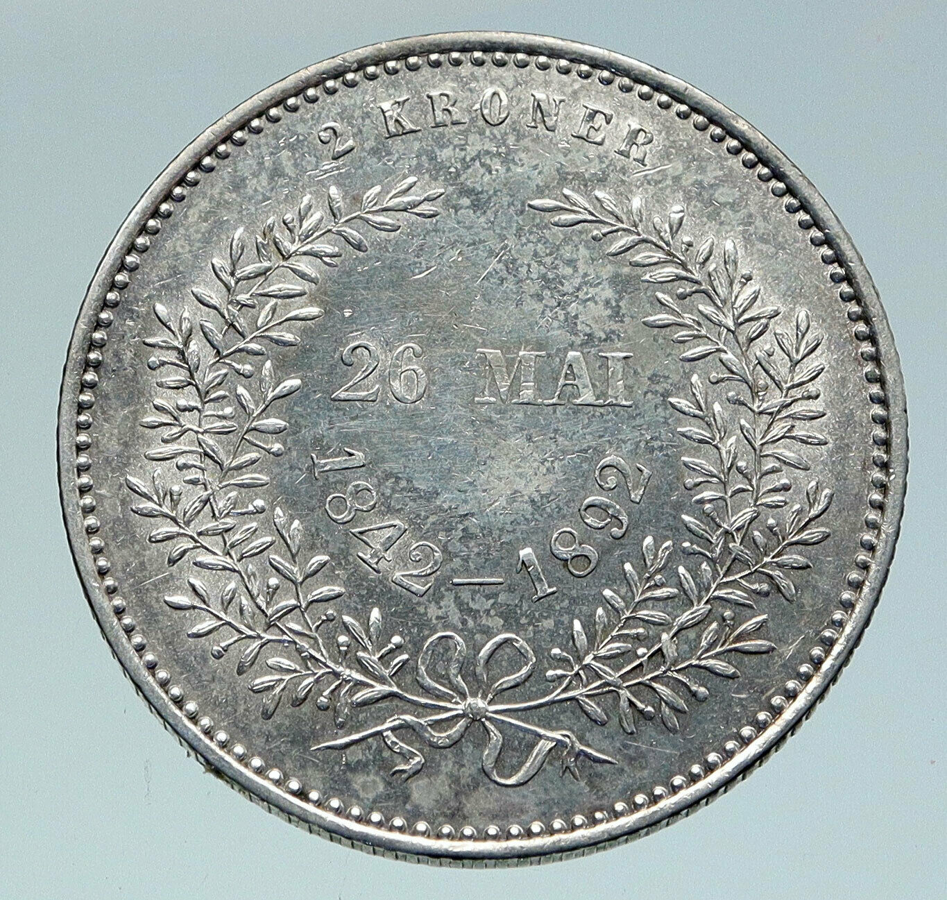 1892 DENMARK King Christian IX Louise Golden Wedding Silver 2Kroner Coin i86506