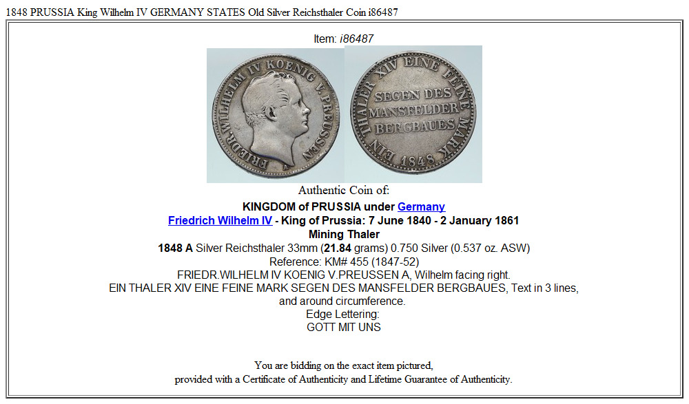 1848 PRUSSIA King Wilhelm IV GERMANY STATES Old Silver Reichsthaler Coin i86487